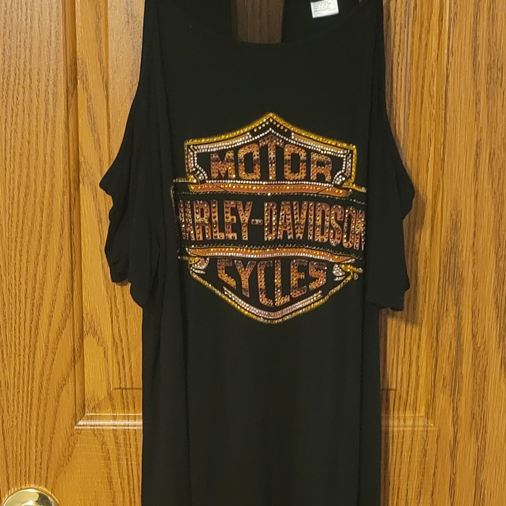 Harley-Davidson Black and Gold Cold Shoulder Top